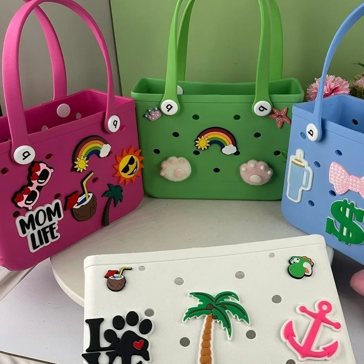 Womens Korean Style EVA Tote Bag, Fashion Printed Large Capacity Beach Caddy Bag, Waterproof with Storage Holes