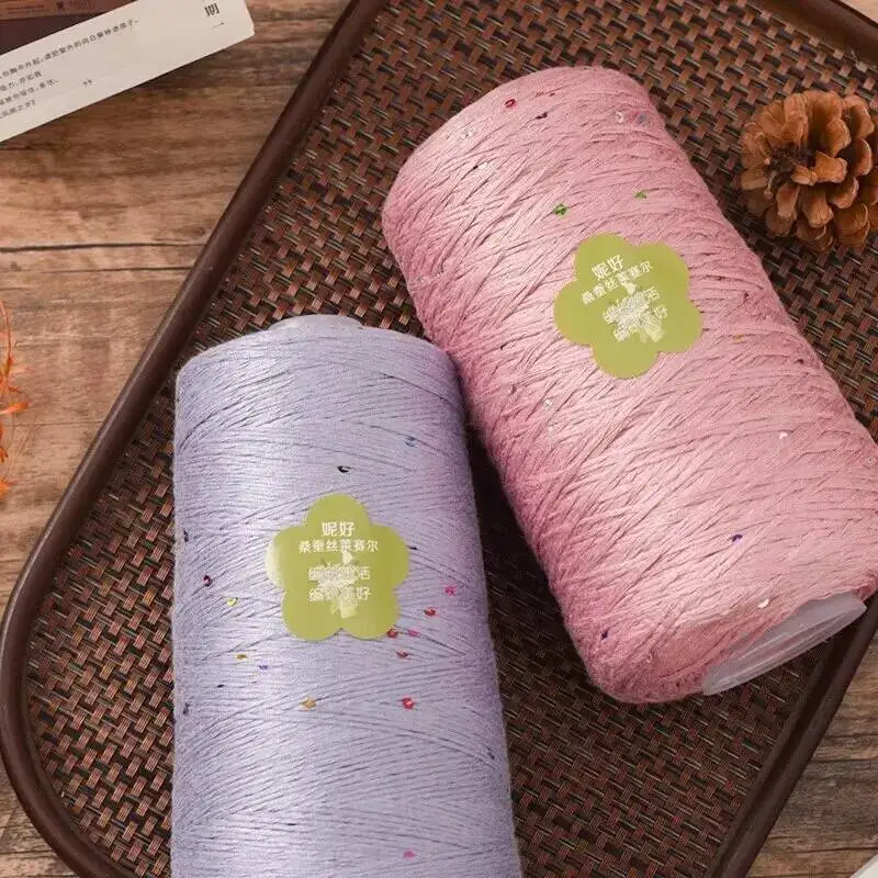 

Пряжа из тенсела и шелка 400 г, однотонная, с металлическими пайетками, для ручного вязания крючком и спицами, для летних шляп и свитеров