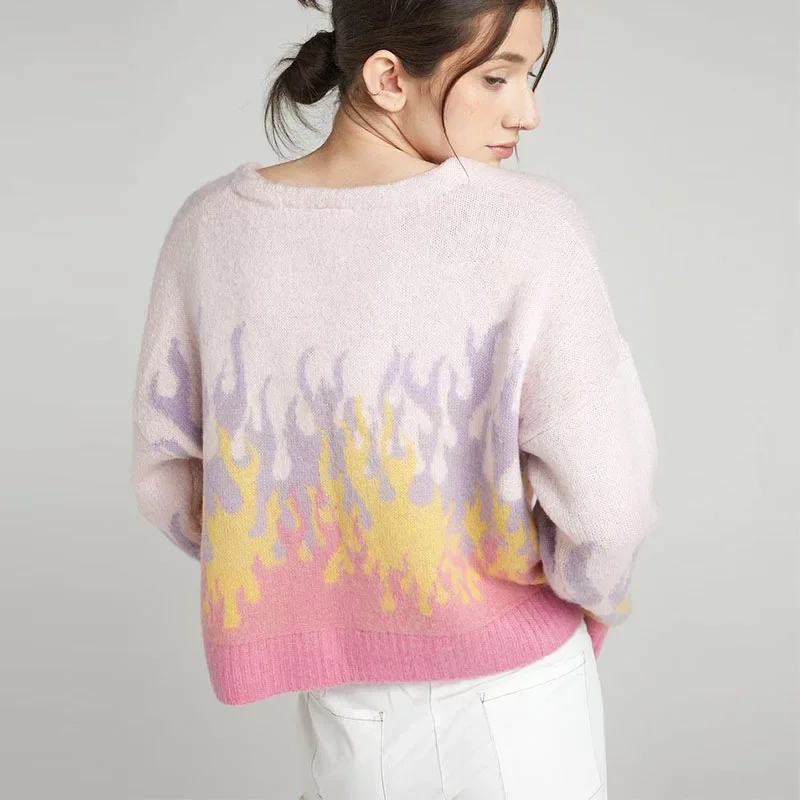 Women's Cardigan Long Sleeve Sweet Y2k Casual Cardigan Flame Jacquard Knitted Sweater Women's Streetwear Single-breasted Top