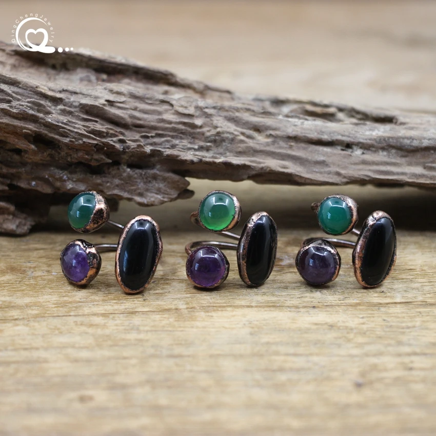 

Antique Copper Open Ring Natural Amethyst Obsidian Green Agate Resizable Finger Fashion Women Men Vintage Boho Jewelry,QC4188