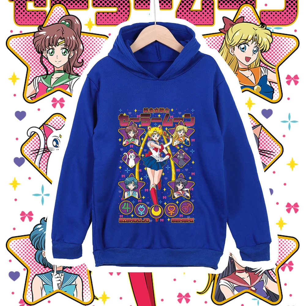 Kinder Anime Baumwoll-T-Shirt Sailor Moon Charaktere Druck Unisex Hoodie Sweatshirt für Jungen Mädchen 100-160cm Körpergröße – Detail 4