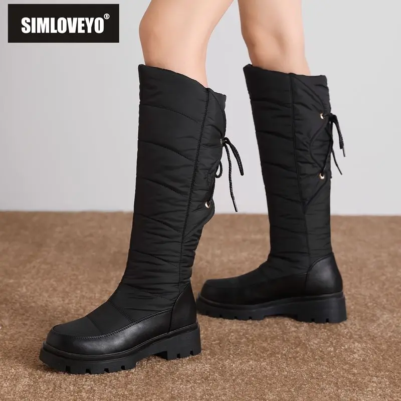 

SIMLOVEYO женские зимние зимние ботинки с круглым носком на толстом каблуке 5 см, непромокаемые уличные теплые сапоги до колена на шнуровке, большие размеры 42-44