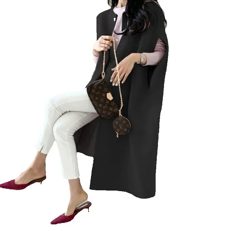 

Autumn Winter Mid-Long Wool Shawl Women 2025 New Fashion Loose Casual Pure Colour Waistcoat Coat Cardigan Outerwear Female