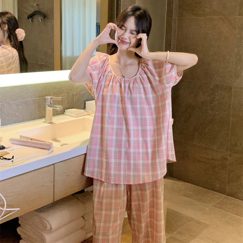 Plaid Women Pajamas Pants Set Woman 2 Pieces Korean Style Sleepwear Ruffles Pijama Summer Loungewear Night Wears Home Suit New