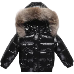 Winter Infant Boys Down Jacket Faux Fur Long Sleeve Thicken Warm Baby Boys Parkas Zipper Shinny Waterproof Toddler Boy Outerwear