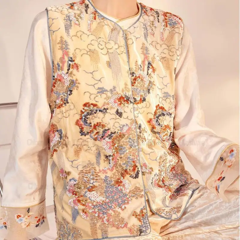 Ropa Estilo Tang Chino, Top Qipao de Lujo con Bordado de Lentejuelas, Chaleco sin Mangas, Chaqueta Hanfu Elegante para Mujer, Abrigo Chesongam Mejorado