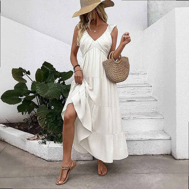 Elegant Solid Color Summer Dress Women Casual Vacation Flowy Midi Dresses Spring Summer Boho Chic Sundress