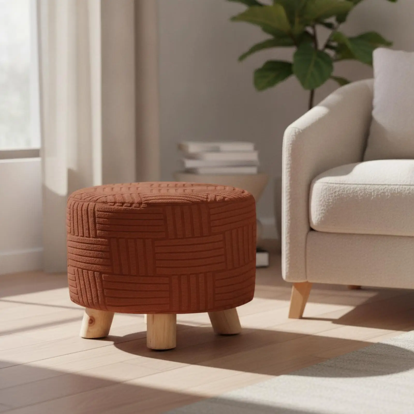 Dustproof Round Ottoman Cover | Textured Geometric Pattern, Protective Polyester material, Round Ottoman Slipcover, for Living