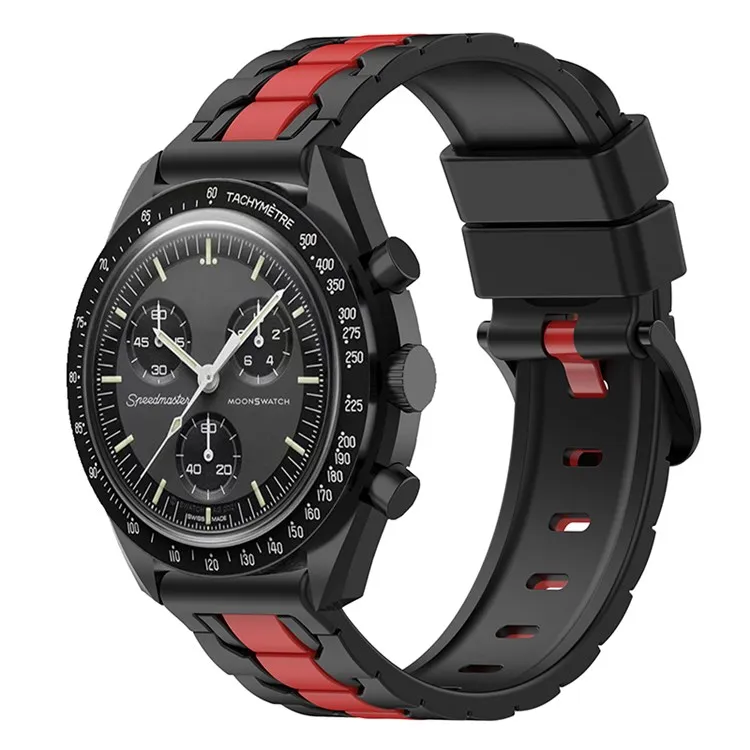 

For Omega Swatch Joint MoonSwatch 20mm Smart Watch Strap Dual Color Chain Shape Design Wrist Band Replacement - Black / Red