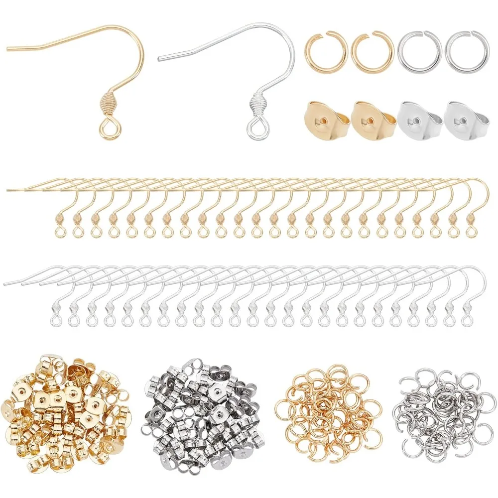 

about 240pcs Stainless Steel Earring Making Kit 3 Mixes Styles 2 Colors Earring Hooks Ear Nuts Open Jump Rings for DIY Dangle