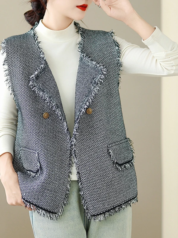 Faionable Gilet con frange Top da donna Autunno New Sle Small Fraance Sle Miscela di cotone Or Lunghezza Chiusura con bottone singolo