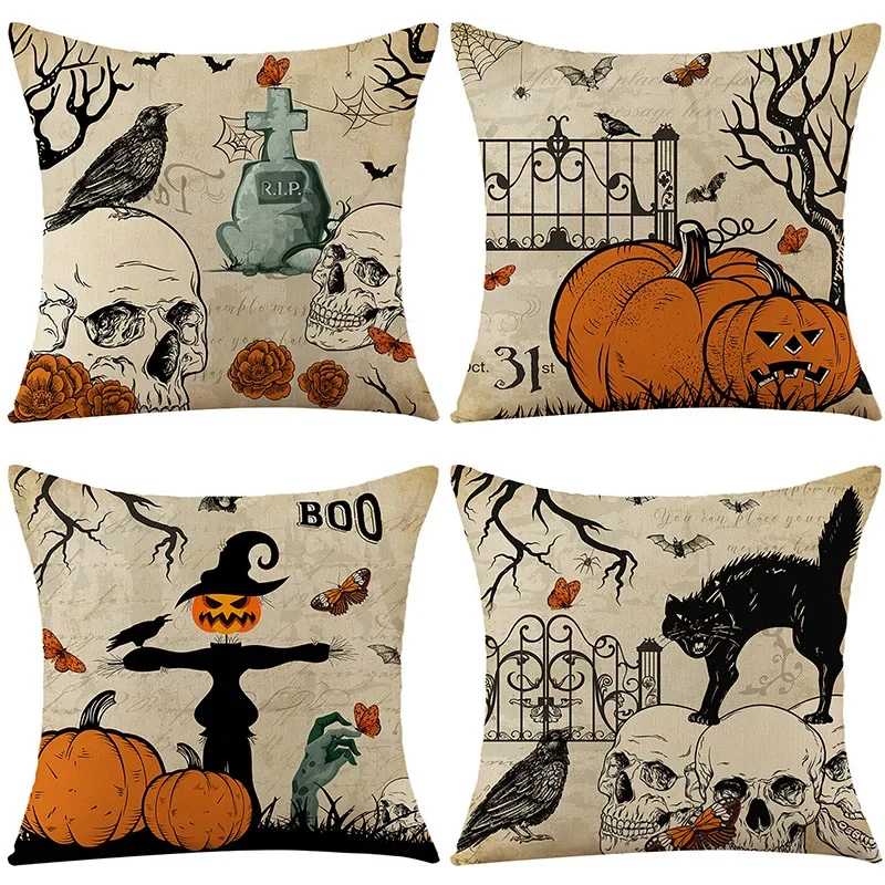 Halloween Decorations Pumpkin Letters Cushion Cover 18x18 Inches Linen Pillowcase Farmhouse Home Decor Pillow Cover for Couch