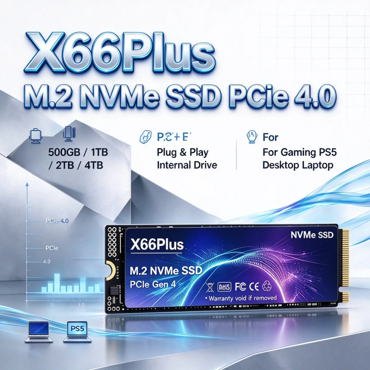 NVMe M.2 SSD PCIe 4.0 X66Plus Give Your Old PC a Second Life with High Speed Durable Drive for Desktop Laptop PS5 1TB 2TB 4TB