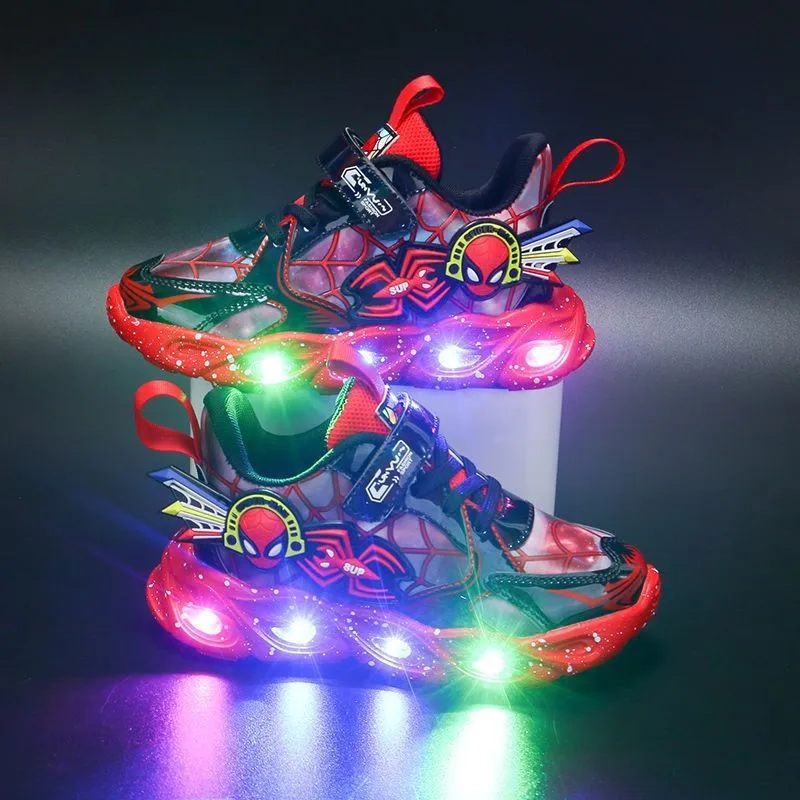 2024 New Children Lighting Sneakers Fashion Populer Design Boys Casual Sports Shoes Spring Kids Cartoon LED Shoes Spider Man