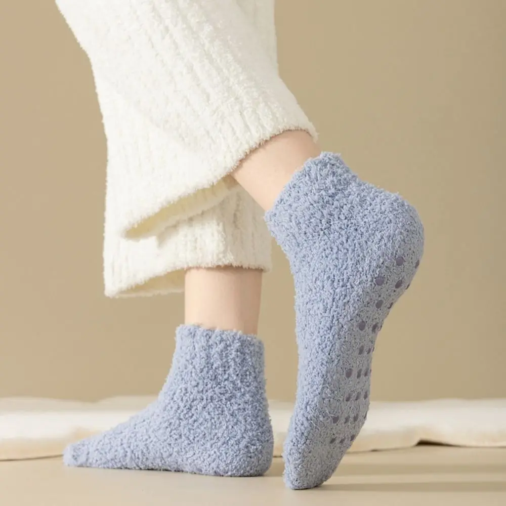 1Pair Women Winter Coral Velvet Socks Sleep Socking Silicone Non-slip Warm Floor Socks Fluffy Solid Color Cotton Socks