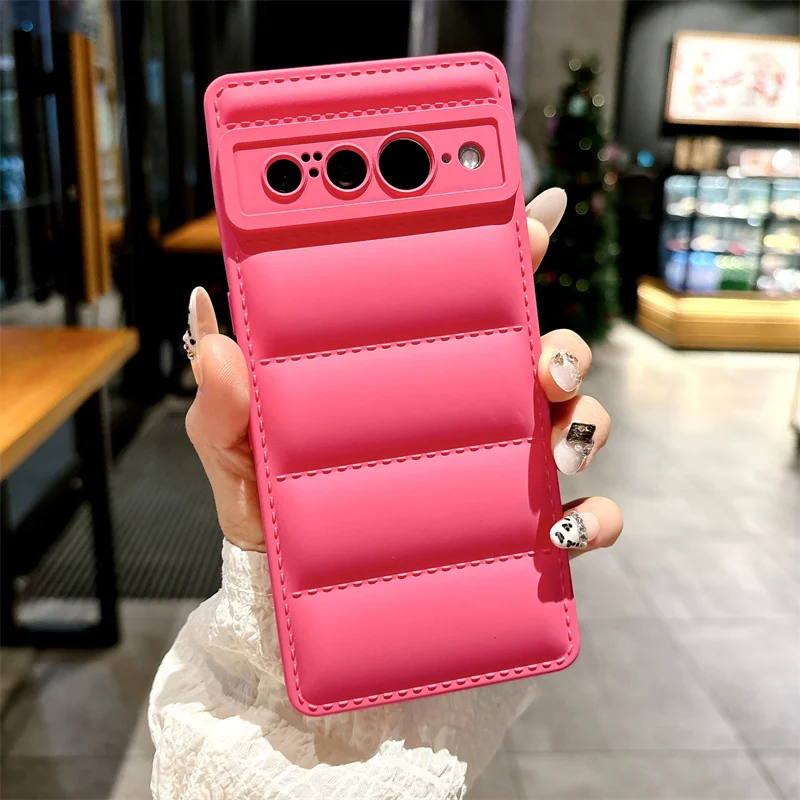 Korea Candy Color Frosted Down Jacket Suitable For Google Pixel 8Pro 8 7Pro 7A Soft Silicone Shell Hand Strap Mobile Phone Case