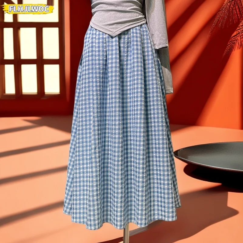 Vintage Cotton Blends Plaid Skirts Temperament Woman 2025 FLHJLWOC Design Japan Style Girls High Waist Retro Long Blue Skirt