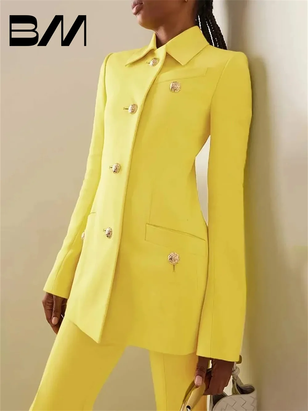 Women's Long Sleeve V Neck Blazer and Wide Leg Pants, Yellow Suits, Custom Made, Office Lady, Classic Fashion, 2 Pcs Customized