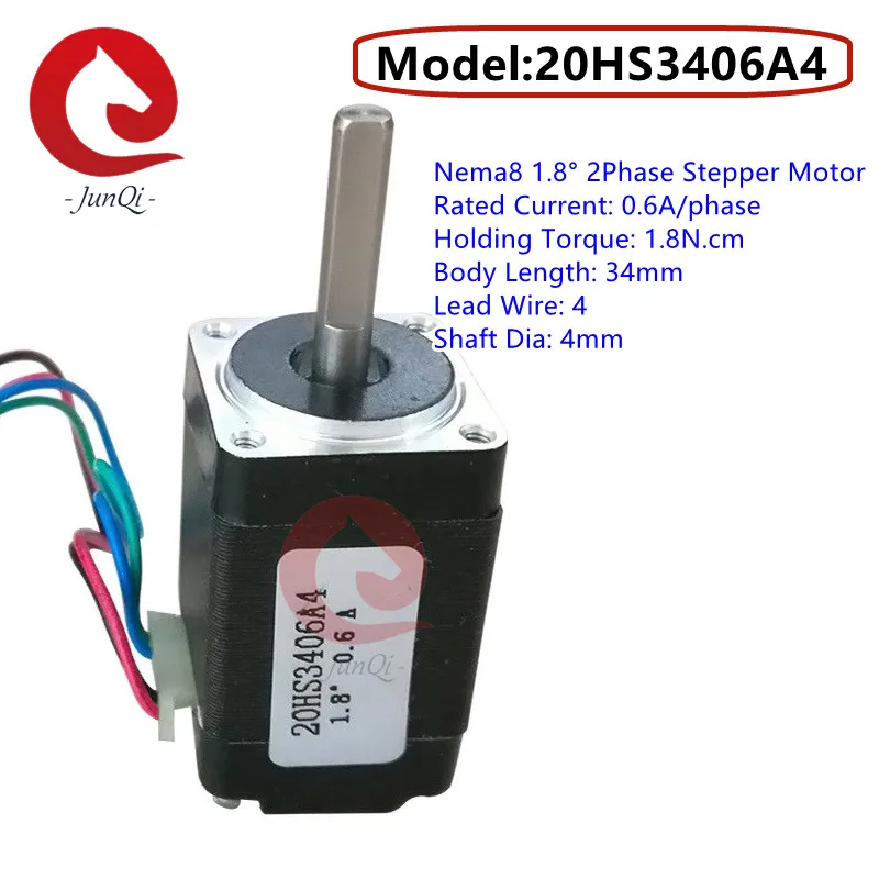 

Nema8 20BYG 34mm length 0.6A current 1.8N.cm holding torque 4mm shaft diameters tiny stepper motor 20HS3406A4