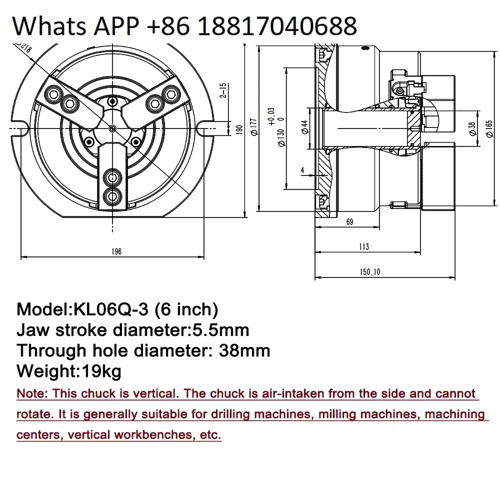 Mandril pneumático oco de 6 polegadas, mandril pneumático vertical de 3 mandíbulas adequado para máquina de perfuração e plataforma de fresadora