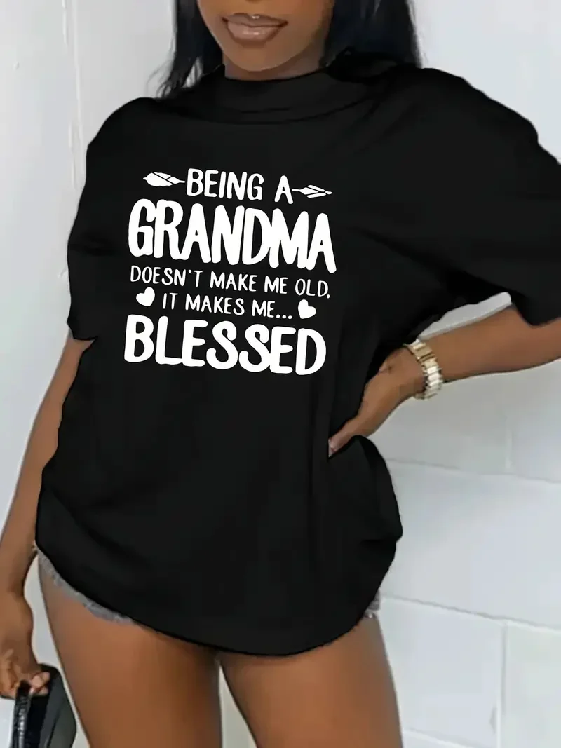 Blessed Grandma Print T-Shirt, Short Sleeve Crew Neck Casual Top For Spring & Summer, Women\'s Clothing