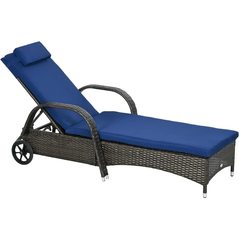 

Wicker Outdoor Chaise Lounge, 5-Level Adjustable Backrest PE Rattan Pool Lounge Chair with Wheels, Cushion & Headrest