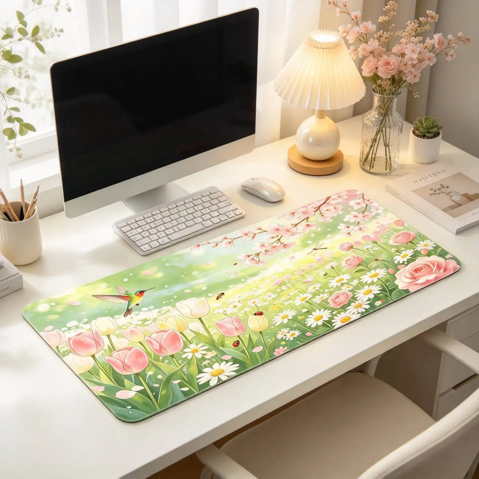 Spring floral sea hummingbird tulip oversized mouse pad, made of natural rubber, keyboard pad, reinforced stitched edge rubber