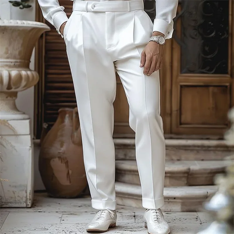 British Style Men Mid Waist Dress Pants  Spring Solid Color Casual Trousers Slim Fit Formal Suit Pants Fashion Male Clothing