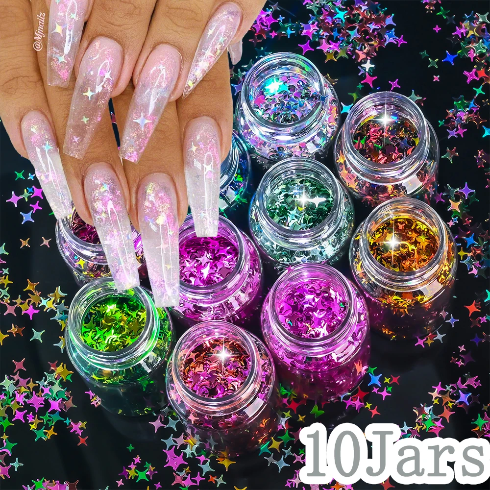 

10Jar Holographic Chameleon Starburst Nail Glitter Sequins 3D Laser Iridescent Aurora Cross Star Slice Flakes DIY Nail Paillette