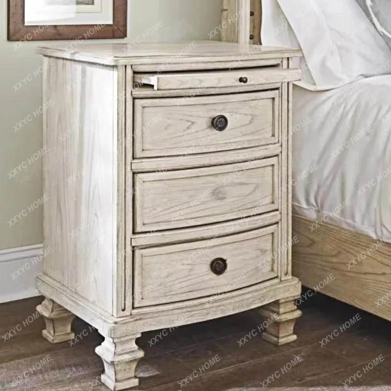 X-S  Country Solid Wood White Old Bedside Table, Bedroom Side Cabinet HG