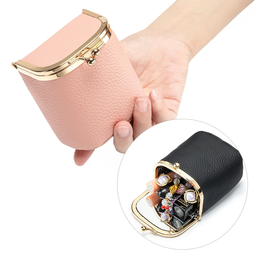 Litchi Grain Genuine Leather Kiss Lock Mini Purse Vertical Square Solid Color Women Wallet for Lipstick Rings Small Coin Purses