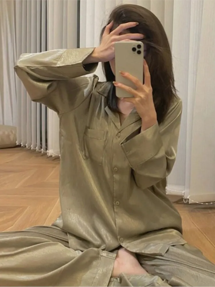 

Elegant Solid Color Pajamas For Woman Fashion Flip Collar Long Sleeves Tops Pant Two-piece Suit Spring Autumn Ladies Nighty
