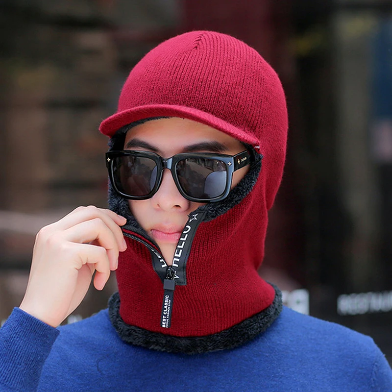 Gorros de punto de felpa gruesa para hombre y mujer, gorro de lana con cremallera, protección para el cuello, ciclismo al aire libre, Invierno