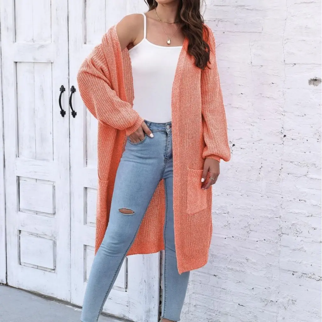 

Women's Long Lantern Sleeve Cardigan Autumn Winter Sweater with Large Pockets European American Style Woven Coat for Women M642