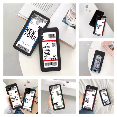 Phone Case for Samsung a24 a20e a21s a22 a23 a25 a11 a12 a13 a14 a15 a30 SEOUL NEWYORK Travel Ticket Label Black Silicone Cover