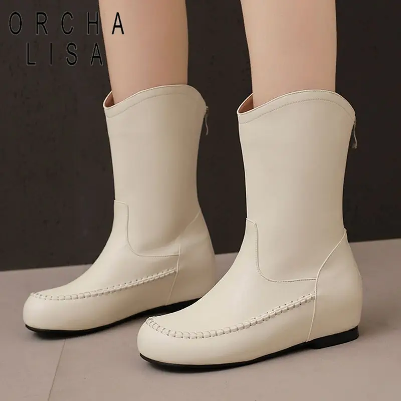 

Модные мягкие повседневные ботинки до середины икры, женские ботинки с круглым носком на молнии, на увеличенном каблуке 3,5 см, нескользящие ботинки большого размера 43 44 45, осень