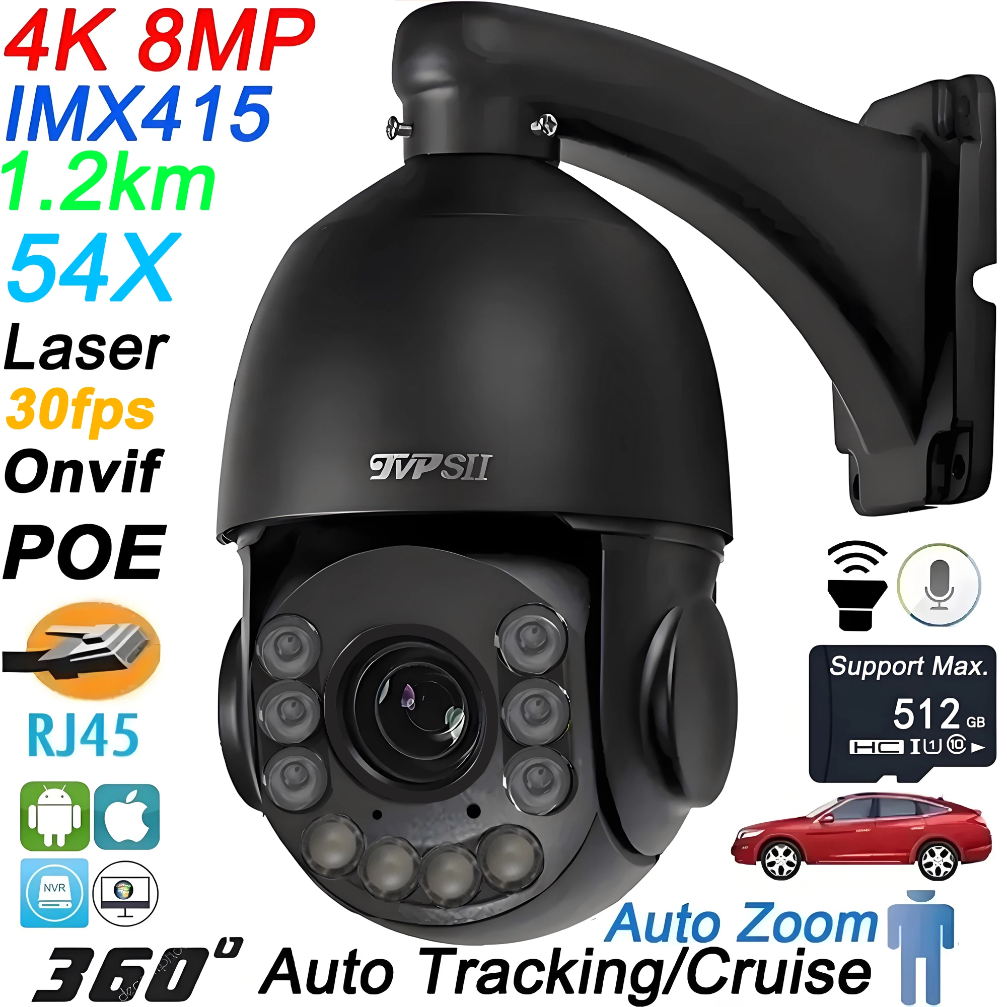 Laser Leds Metal Auto Tracking Cruise 30fps 8MP 4K 54X Optical Zoom 360° Audio Onvif POE PTZ Speed Dome Surveillance IP Camera
