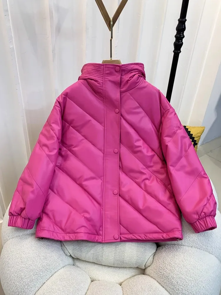 Winter Fashion Women Casual Loose Fit Hooded White Duck Down Jacket Sheepskin Genuine Leather Coat Thick Warm Windproof Overcoat