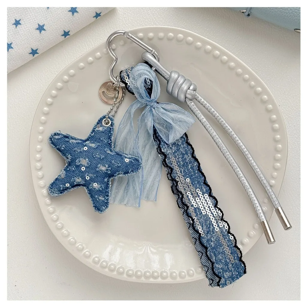 Sequined Ribbon Key Chain Mixed Material Five-Pointed Star Charm Metal Keychain Charm Sequined Bag Hanging Accessory For Handbag