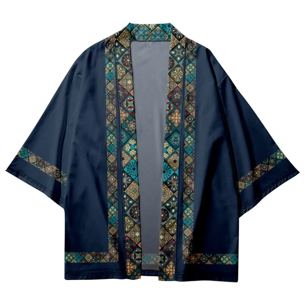 Unisex Ethnic Geometric Tile Print Kimono Cardigan Open Front Haori 3/4 Sleeve Loose Boho Casual Outerwear Tops