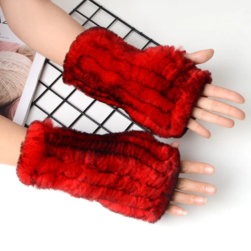 

New Arrival Women Knit Fur Mitten Girls 100% Real Genuine Knitted Rex Rabbit Fur Mittens Winter Warm Real Fur Fingerless Gloves