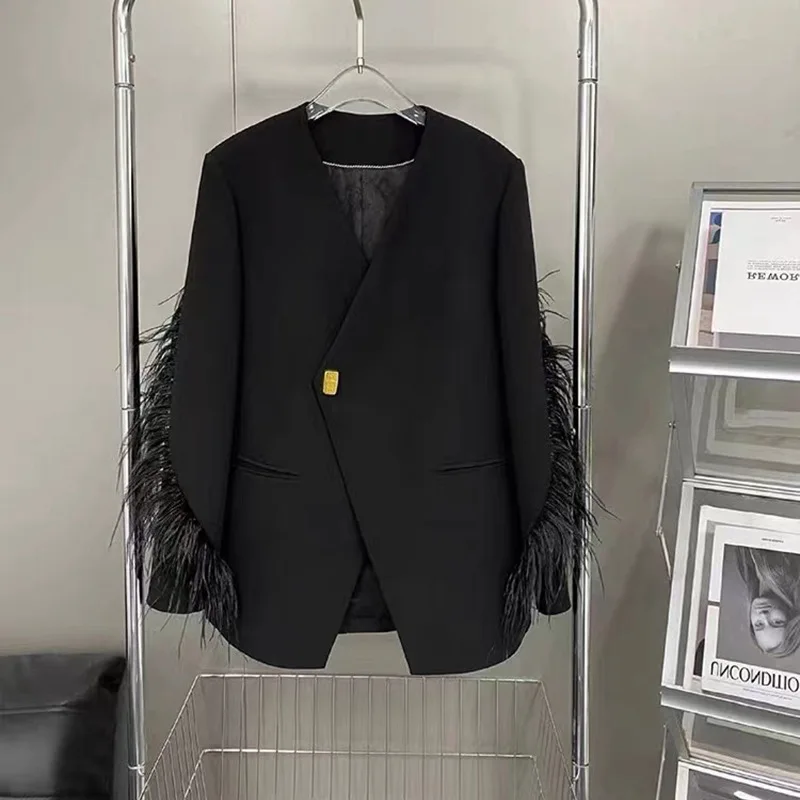 High end suit jacket women's spring and autumn new top patchwork feather fashionable silhouette design suit