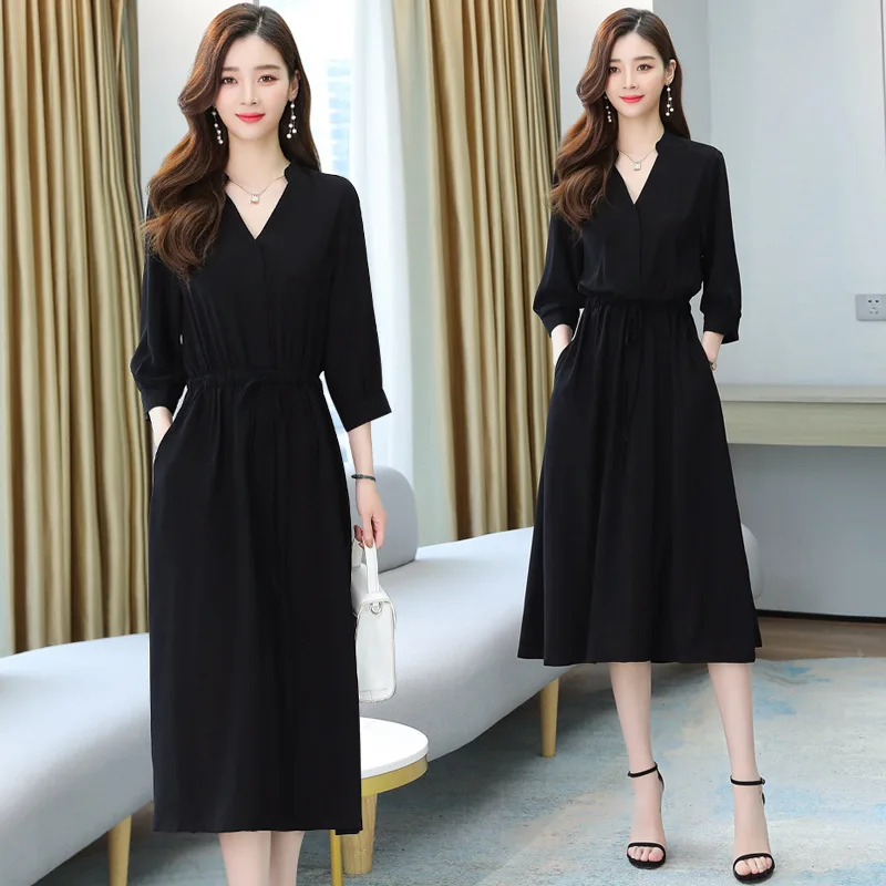 

Women Solid Dresses A Line Dress Mid Calf Lenth Long Sleeves V Neck Waist Cinch Slim Fit Office Lady Elegant 2026 Spring Summer