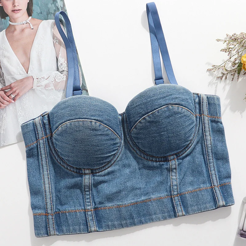 Women Denim Corset Bras Sexy Sleeveless Crop Tops Summer Slim Padded Bra Short Camisole Slight Elastic Tube Tops Lady Underwear