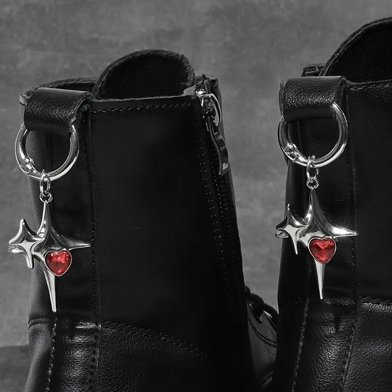 2Pcs Gothic Four pointed Star Red Heart Water Diamond, Silver Metal Detachable Shoe Pendant, Suitable for All Types of Boots