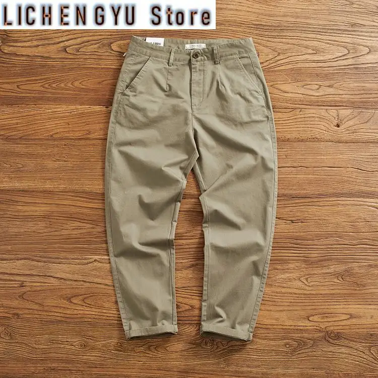 

Autumn New American Retro Woven Twill Slim Chino Busniess Pants Men's Simple 98% Cotton Washed Casual Straight Tapered Trousers