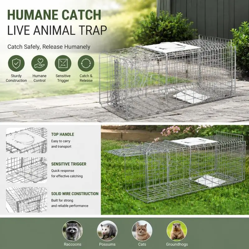 Piège-cage pliable pour petits animaux (rats et souris) - 2 portes avec poignée 66 x 24 x 30,5 cm en acier gris