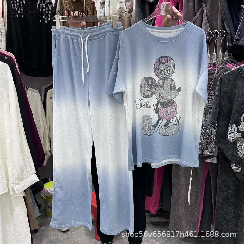 

American Retro Rhinestone Cartoon Y2k Gradient Loose Short-sleeved T-shirt Top + Elastic Waist Wide-leg Long Pants Two-piece Set