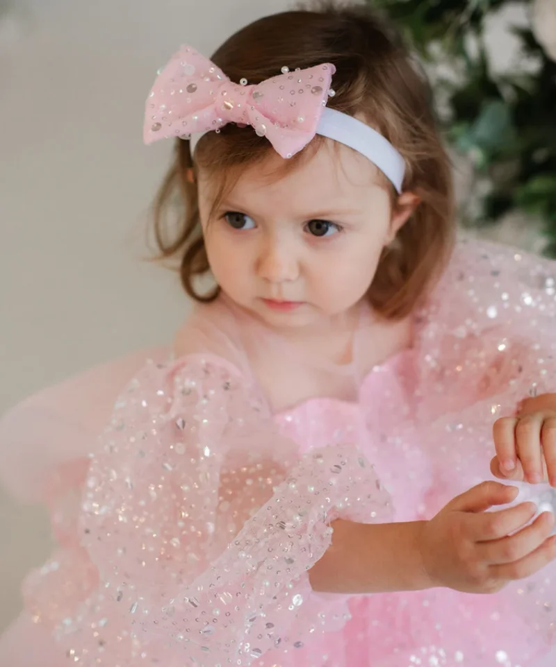 Abito da ragazza di fiori rosa chiaro per matrimonio o-collo paillettes con fiocco Puffy Kids compleanno prima comunione Princess Ball Gowns