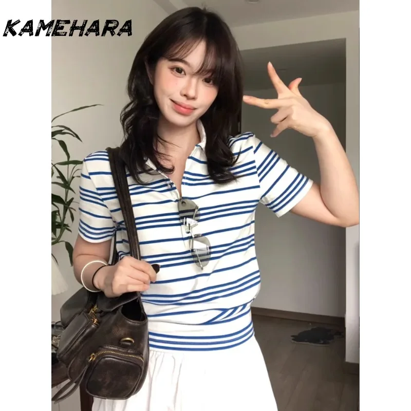 

KAMEHARA Japanese Blue Striped Lapel T-shirt for Women's Summer Harajuku Ribbon Shoulder Short Sleeved Hot Girl Top Design Sense